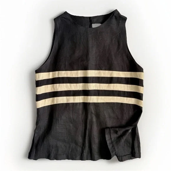 Joe 100% Linen Button Up Back Striped Black Top Large Neutral Luxury Summer - Picture 1 of 13